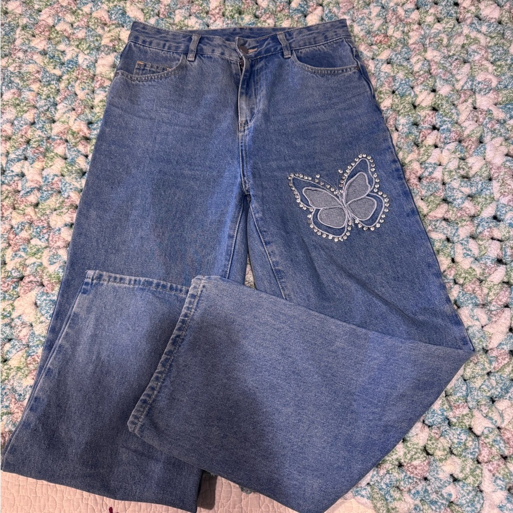 Women's Blue Jeans with Butterfly Embroidery